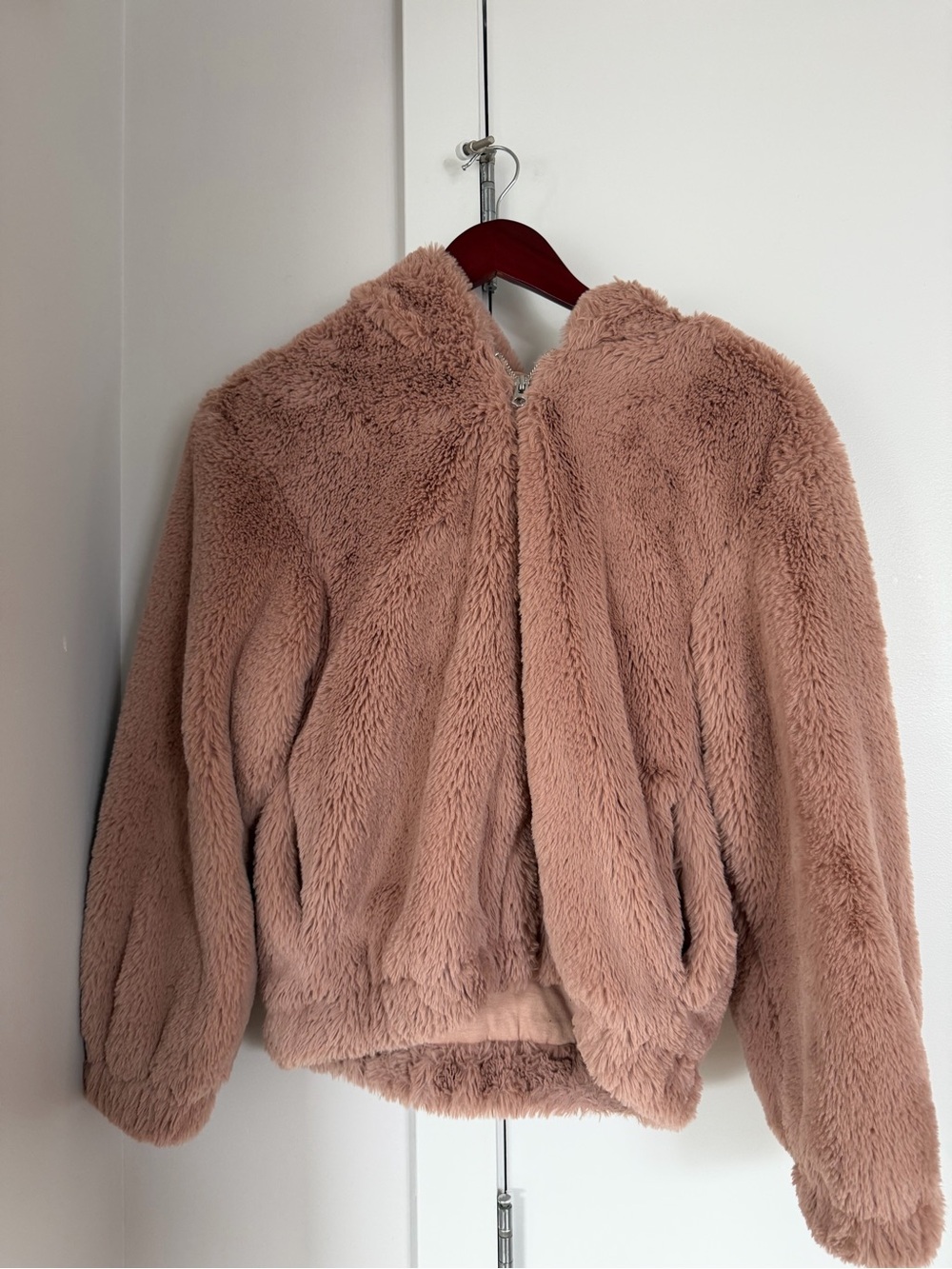 French Connection Cropped Blush Pink Faux Fur Zip Hoodie